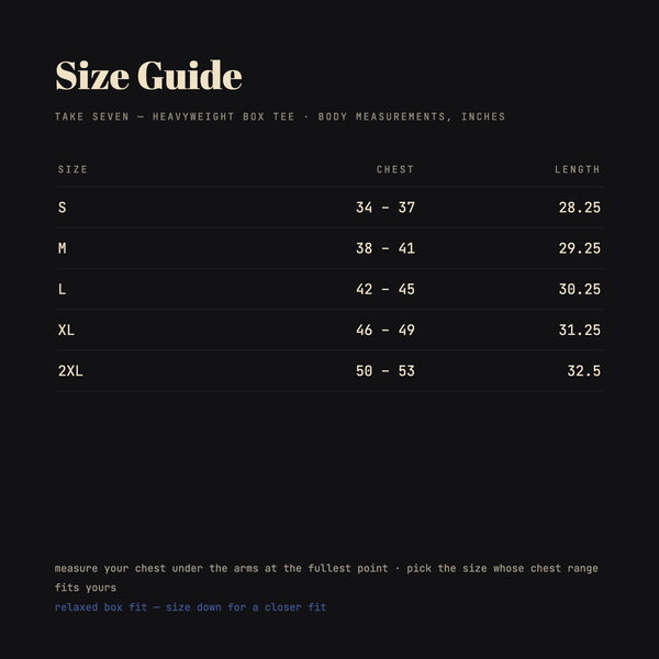 Take Seven size guide — chest and length by size